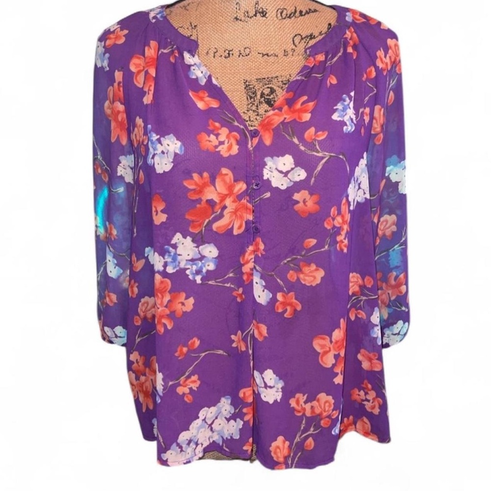 Apt 9 Purple Floral Blouse Medium | Orange Floral Print Lightweight Button Top